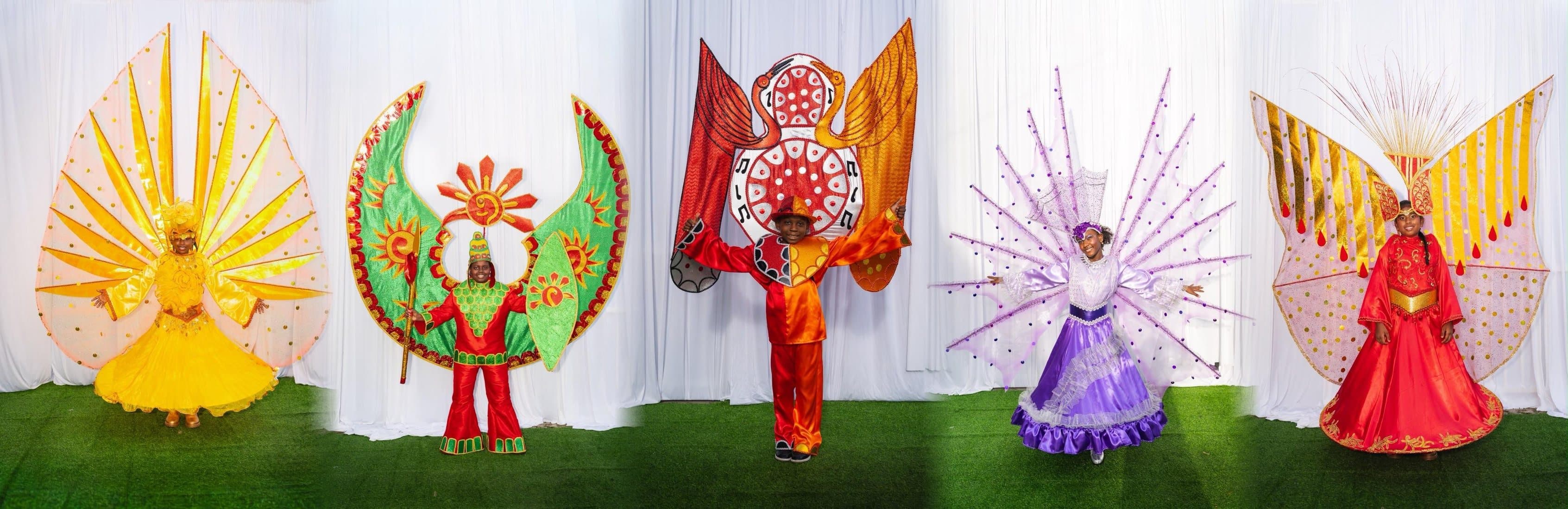 Five children in Zebapique Productions carnival costumes